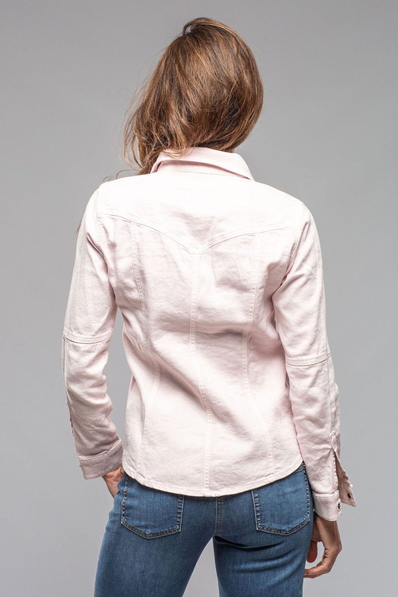 axels premium denim yarmony linen cotton denim shirt in lotus pink ladies tops axels vail 40217771770090