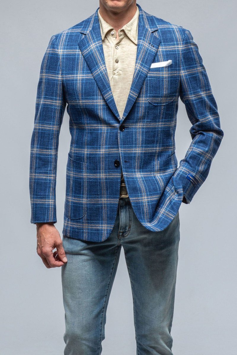 castangia dortania sport coat in blue with orange windowpane mens tailored sport coats axels vail 39286441607402