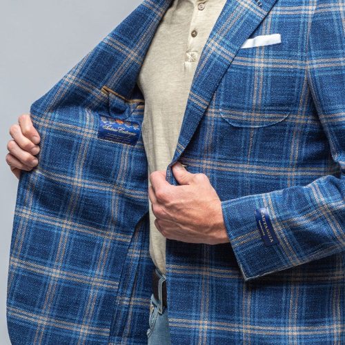 castangia dortania sport coat in blue with orange windowpane mens tailored sport coats axels vail 39286441836778