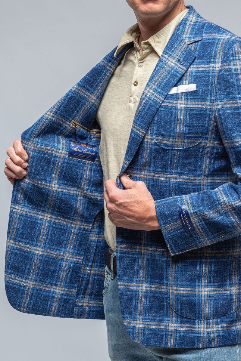 castangia dortania sport coat in blue with orange windowpane mens tailored sport coats axels vail 39286441836778