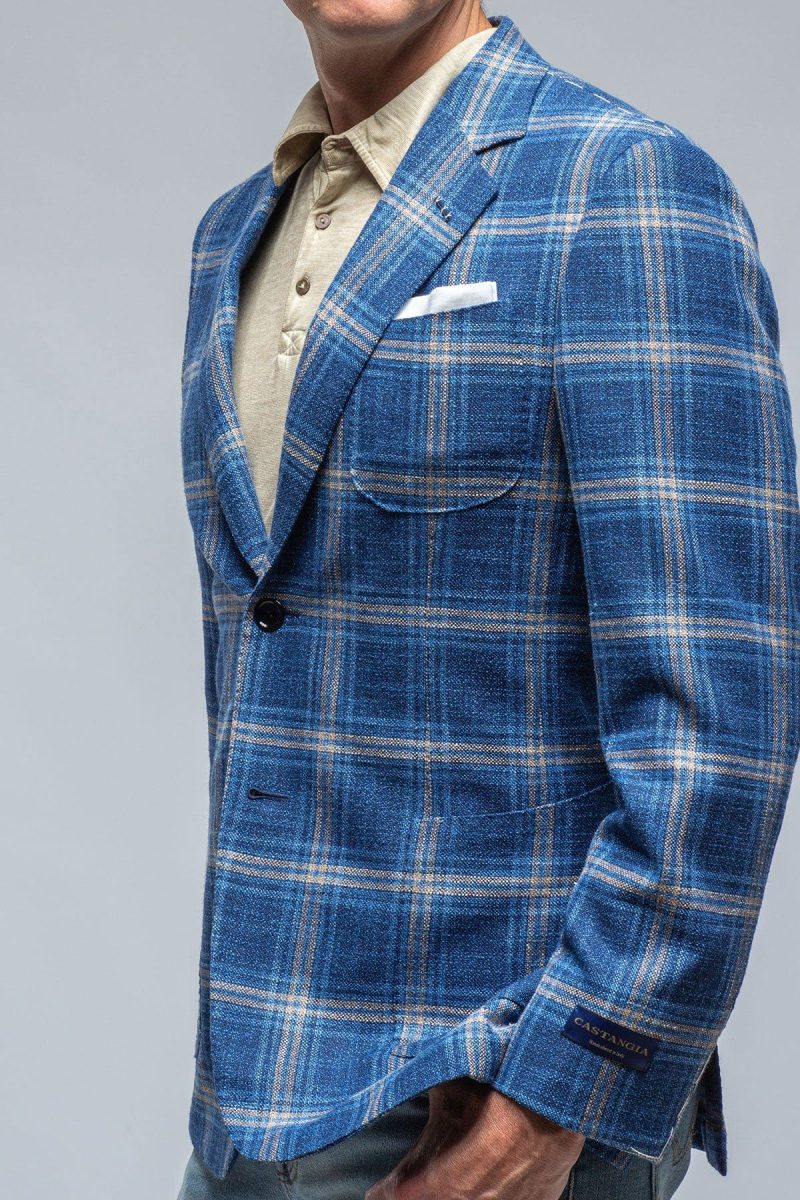 castangia dortania sport coat in blue with orange windowpane mens tailored sport coats axels vail 39286441869546