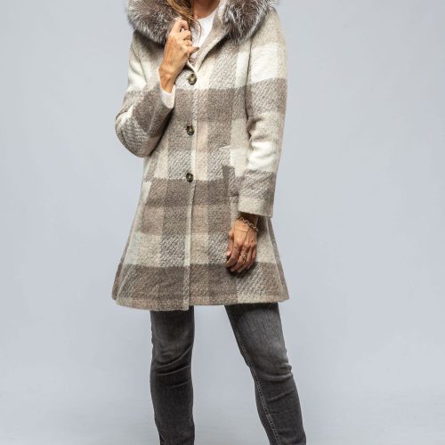 dibello celine plaid coat w fur trim hood in beige ladies outerwear cloth axels vail 39443447873770