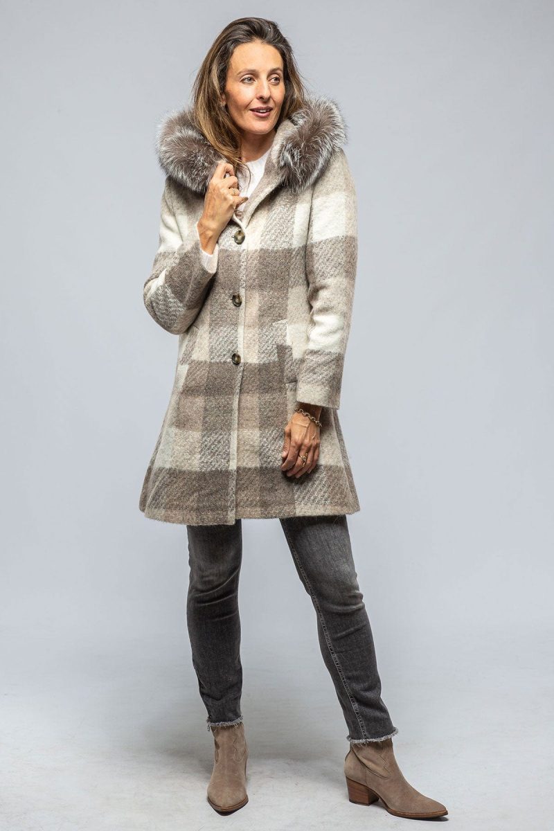 dibello celine plaid coat w fur trim hood in beige ladies outerwear cloth axels vail 39443447873770