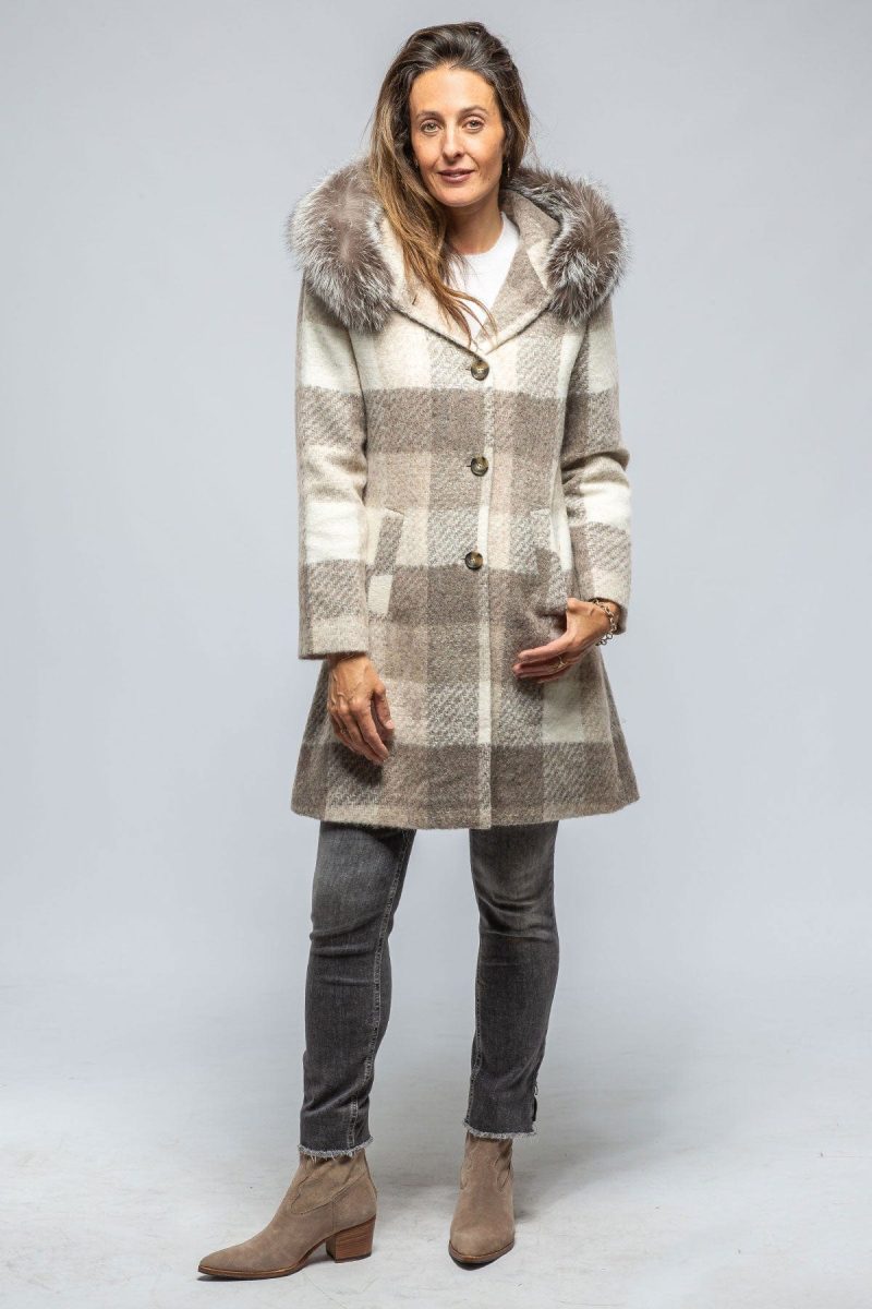 dibello celine plaid coat w fur trim hood in beige ladies outerwear cloth axels vail 39443447906538