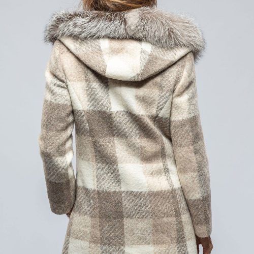 dibello celine plaid coat w fur trim hood in beige ladies outerwear cloth axels vail 39443447972074