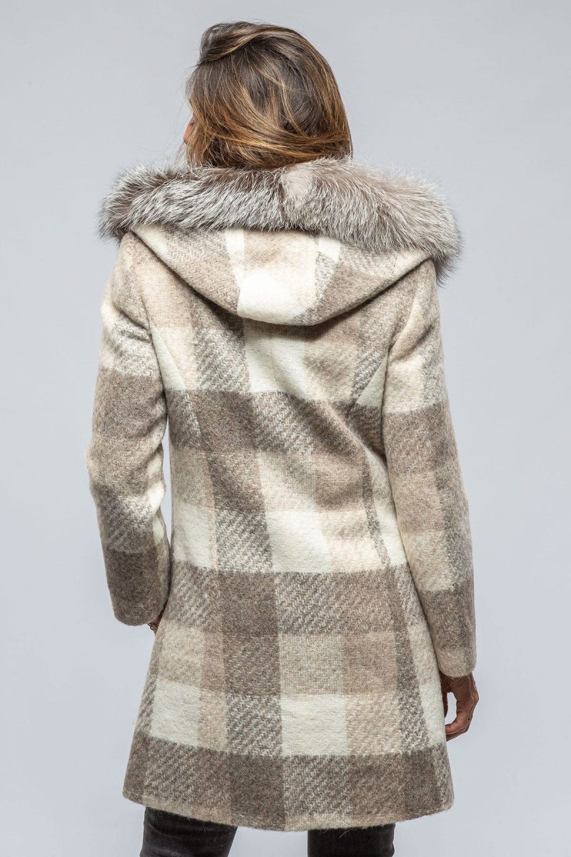 dibello celine plaid coat w fur trim hood in beige ladies outerwear cloth axels vail 39443447972074