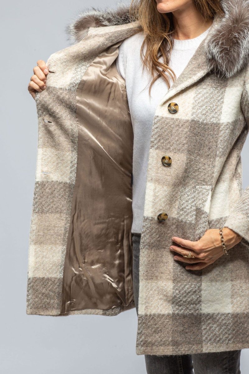 dibello celine plaid coat w fur trim hood in beige ladies outerwear cloth axels vail 39443448070378