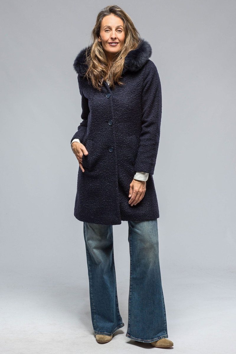 dibello ivana wool coat with fur lined hood in navy ladies outerwear axels vail 38702666350826