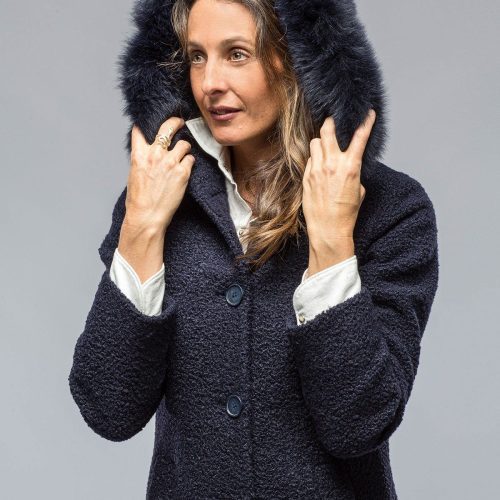 dibello ivana wool coat with fur lined hood in navy ladies outerwear axels vail 38702667202794