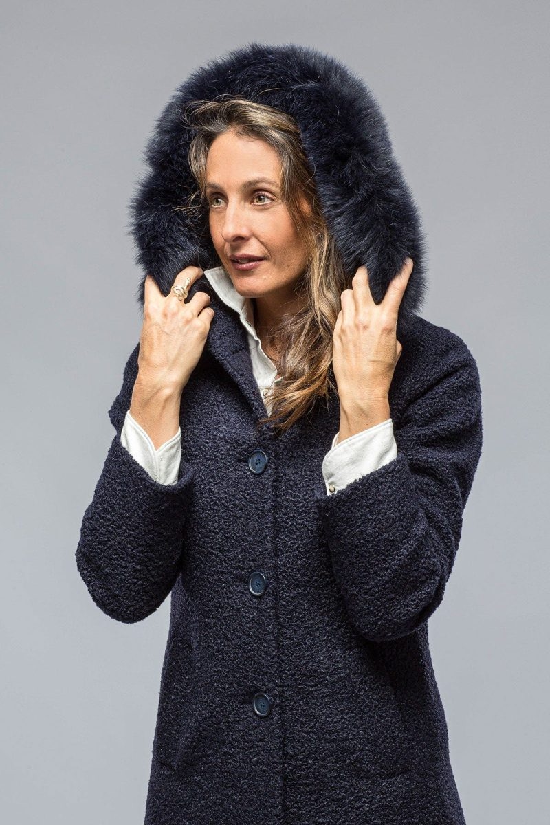 dibello ivana wool coat with fur lined hood in navy ladies outerwear axels vail 38702667202794