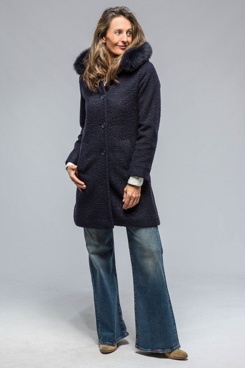 dibello ivana wool coat with fur lined hood in navy ladies outerwear axels vail 38702671298794