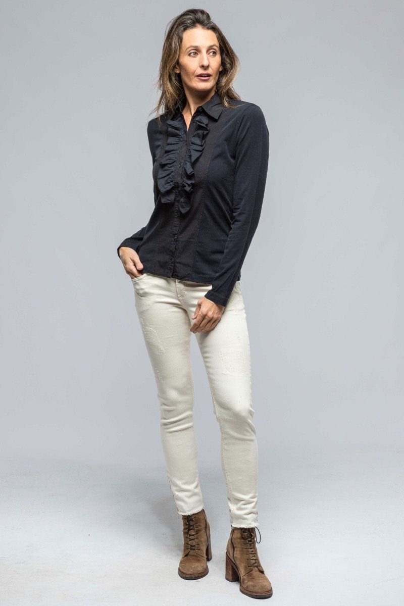 european culture pennelope ruffle front shirt in navy ladies blouses axels vail 38872840012010