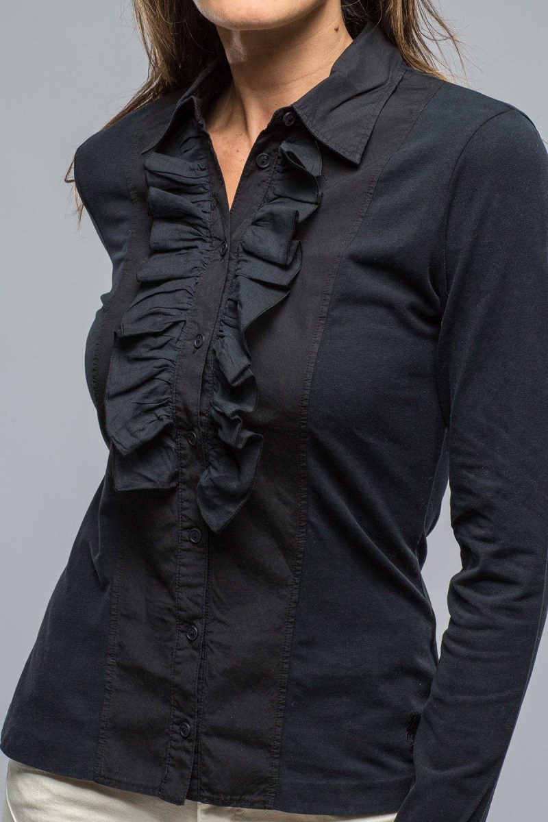 european culture pennelope ruffle front shirt in navy ladies blouses axels vail 38872840339690