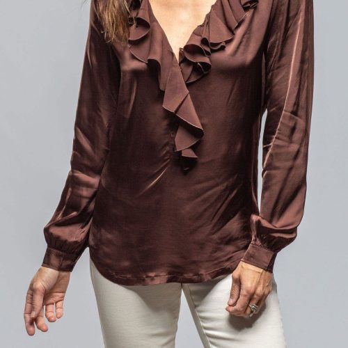 european culture vivian ruffle blouse in chocolate ladies blouses axels vail 40558980792554