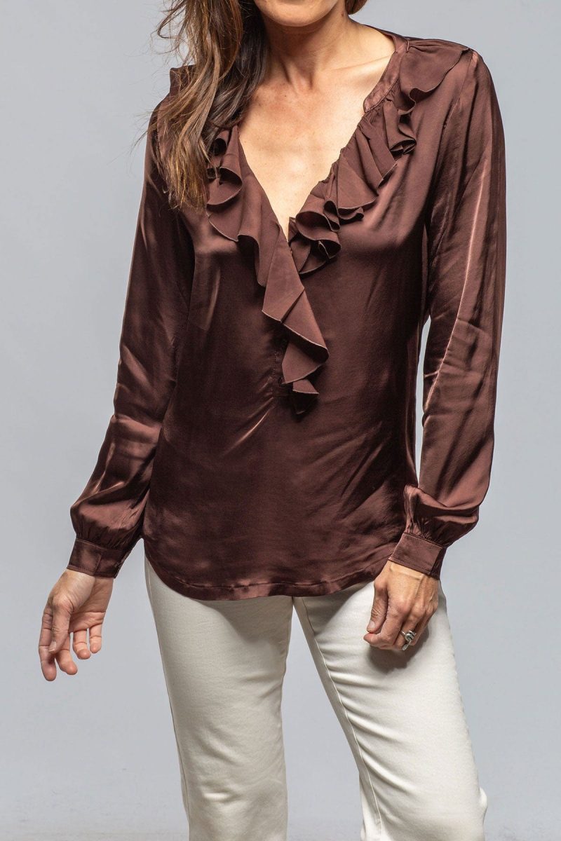 european culture vivian ruffle blouse in chocolate ladies blouses axels vail 40558980792554