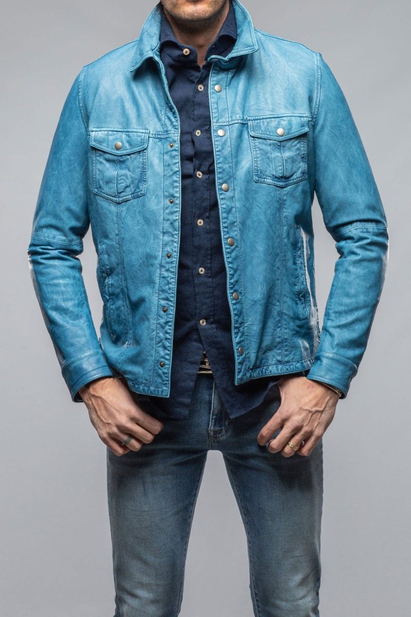 gimo s enna washed leather shirt jacket in denim mens outerwear leather axels vail 40615984070890