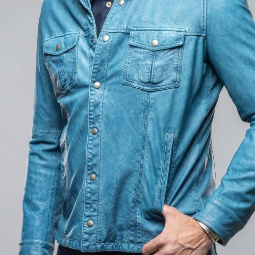 gimo s enna washed leather shirt jacket in denim mens outerwear leather axels vail 40615984398570