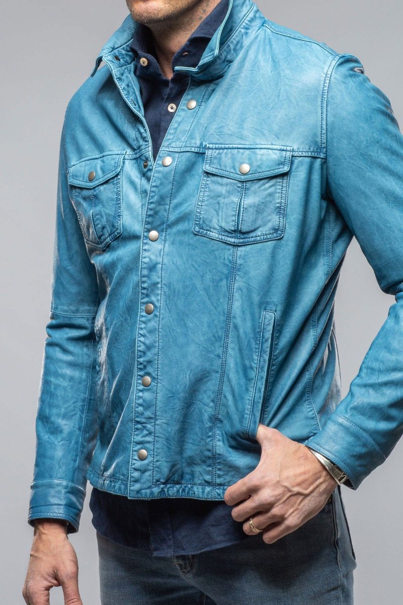 gimo s enna washed leather shirt jacket in denim mens outerwear leather axels vail 40615984398570