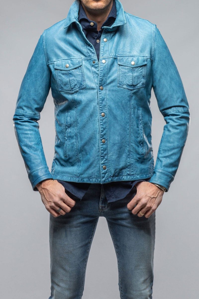 gimo s enna washed leather shirt jacket in denim mens outerwear leather axels vail 40615984660714