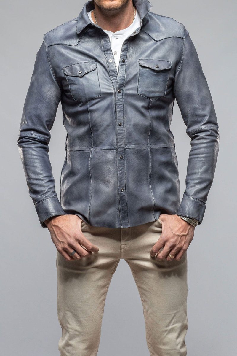 gimo s shadow leather shirt in blue mens outerwear leather axels vail 40563381207274