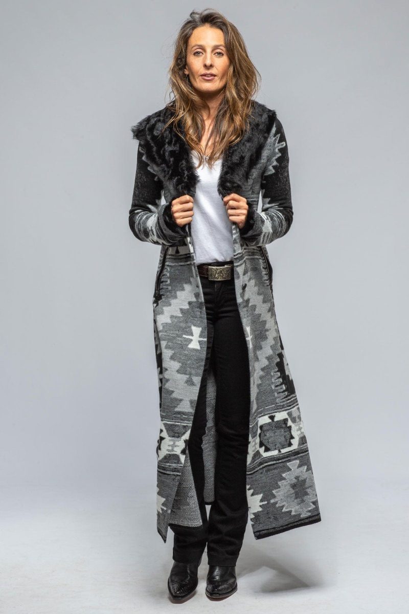 roncarati azteca long knit sweater coat in black ladies outerwear shearling axels vail 39376693985514