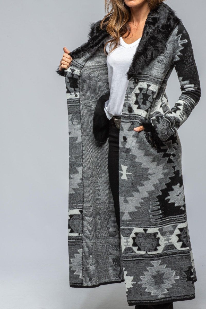 roncarati azteca long knit sweater coat in black ladies outerwear shearling axels vail 39376694280426