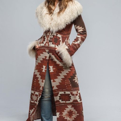 roncarati azteca long knit sweater coat in chestnut ladies outerwear shearling axels vail 39376694542570