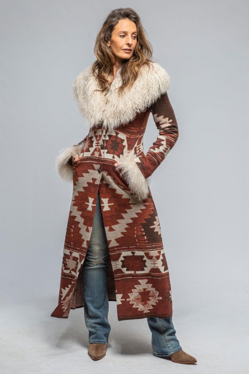 roncarati azteca long knit sweater coat in chestnut ladies outerwear shearling axels vail 39376694542570