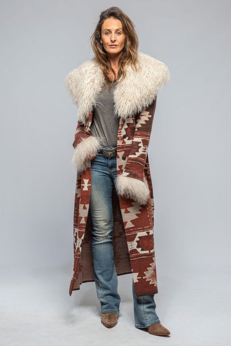 roncarati azteca long knit sweater coat in chestnut ladies outerwear shearling axels vail 39376694575338