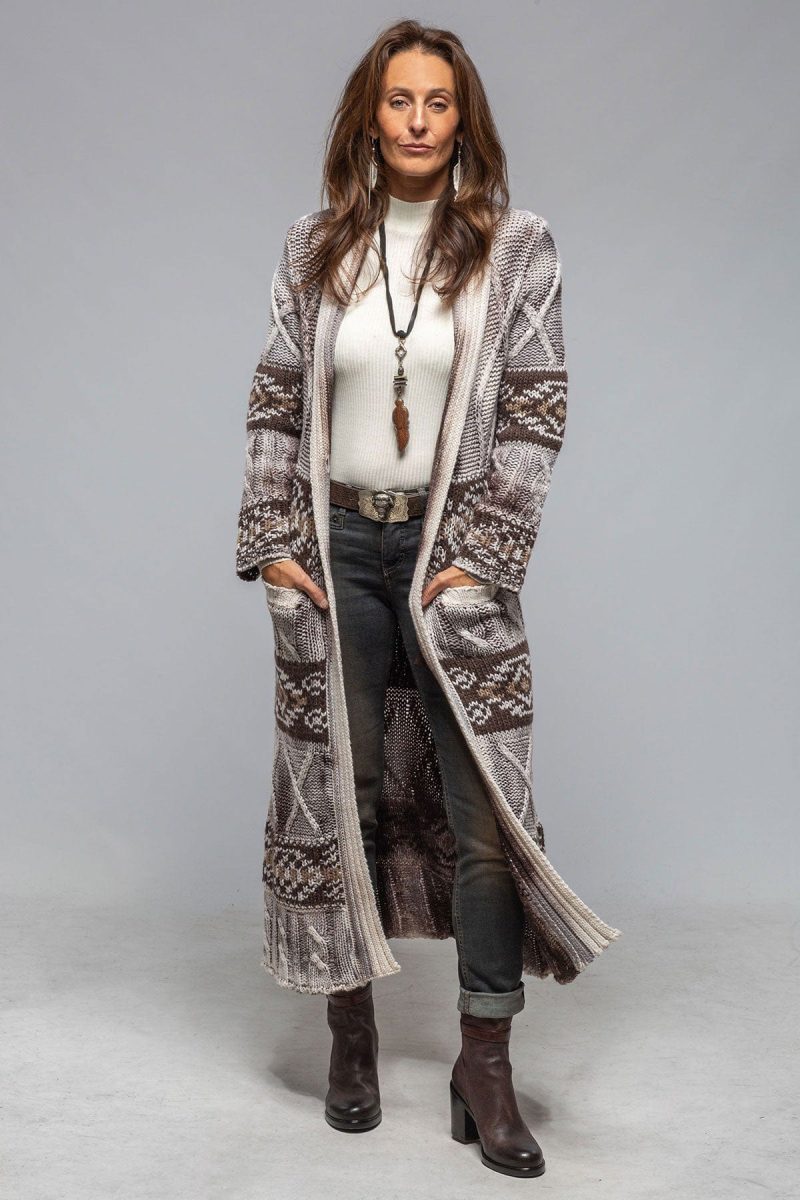 sonia villa niva alaskan knit long sweater in chocolate ladies sweaters axels vail 40466615664874