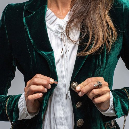 t ba mariane rock jkt in emerald velvet w gold chain details ladies tailored jackets axels vail 37803802067178