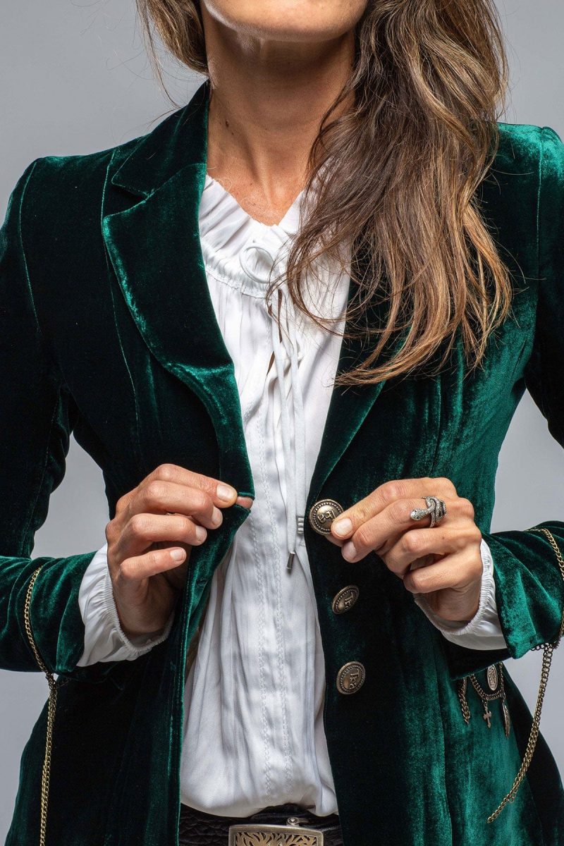 t ba mariane rock jkt in emerald velvet w gold chain details ladies tailored jackets axels vail 37803802067178