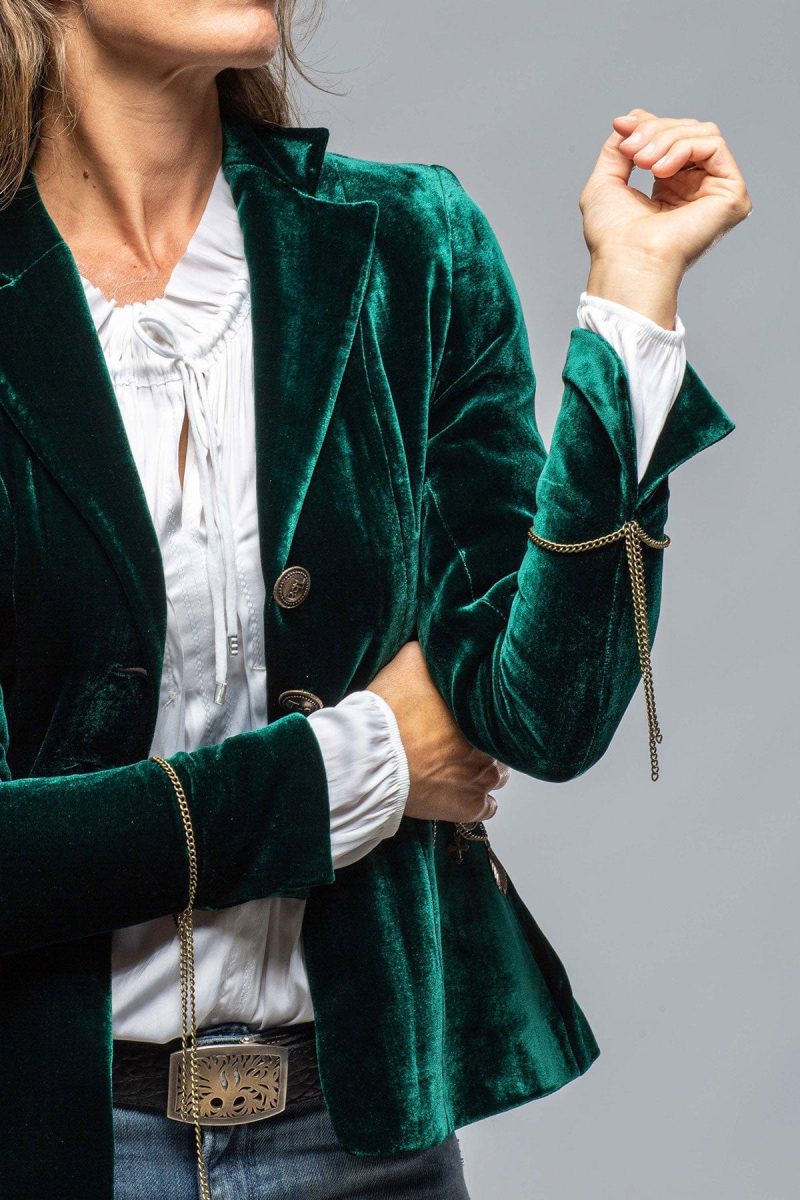 t ba mariane rock jkt in emerald velvet w gold chain details ladies tailored jackets axels vail 37803802296554