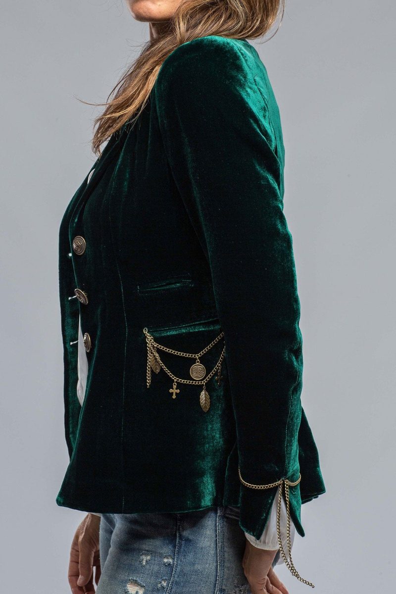 t ba mariane rock jkt in emerald velvet w gold chain details ladies tailored jackets axels vail 37803802886378