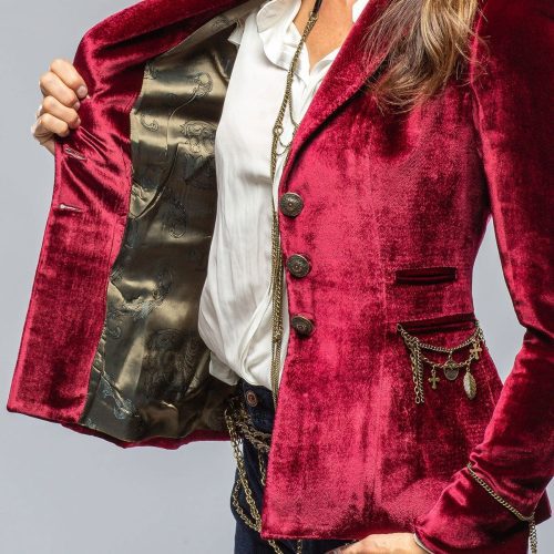 t ba mariane rock jkt in wine velvet w gold chain details ladies tailored jackets axels vail 39402743005418