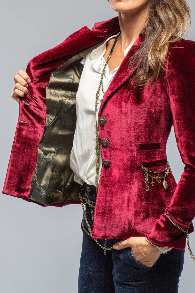 t ba mariane rock jkt in wine velvet w gold chain details ladies tailored jackets axels vail 39402743005418