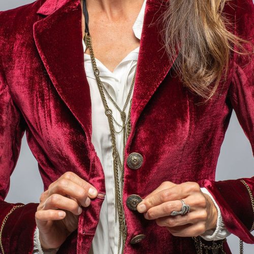 t ba mariane rock jkt in wine velvet w gold chain details ladies tailored jackets axels vail 39402743136490