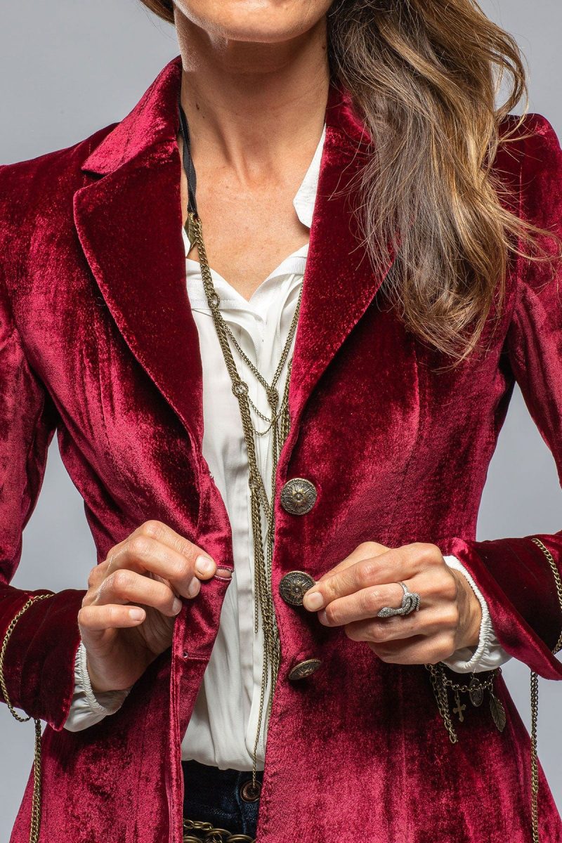 t ba mariane rock jkt in wine velvet w gold chain details ladies tailored jackets axels vail 39402743136490