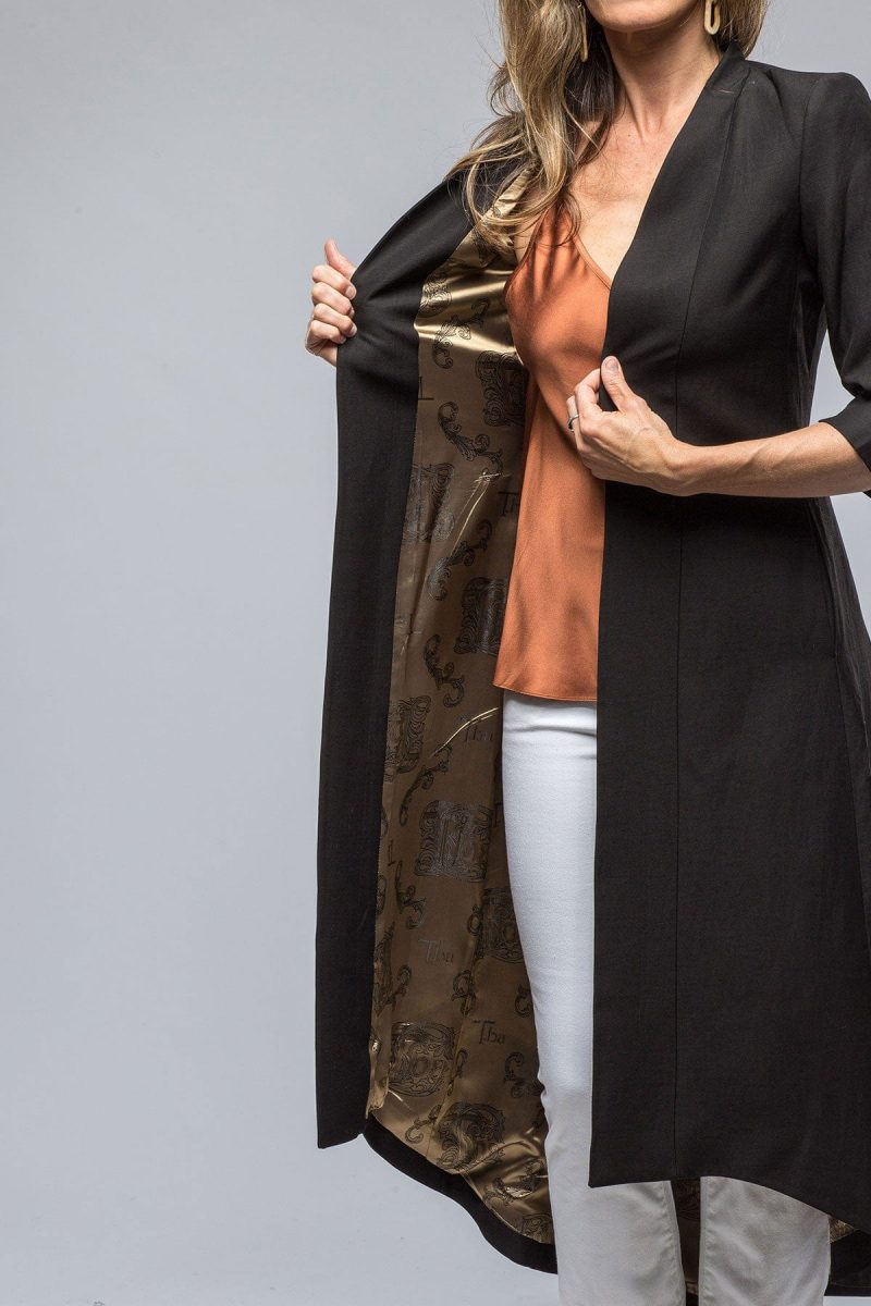 t ba morgana long coat in black black matte viscose linen ladies tailored jackets axels vail 39117064831210