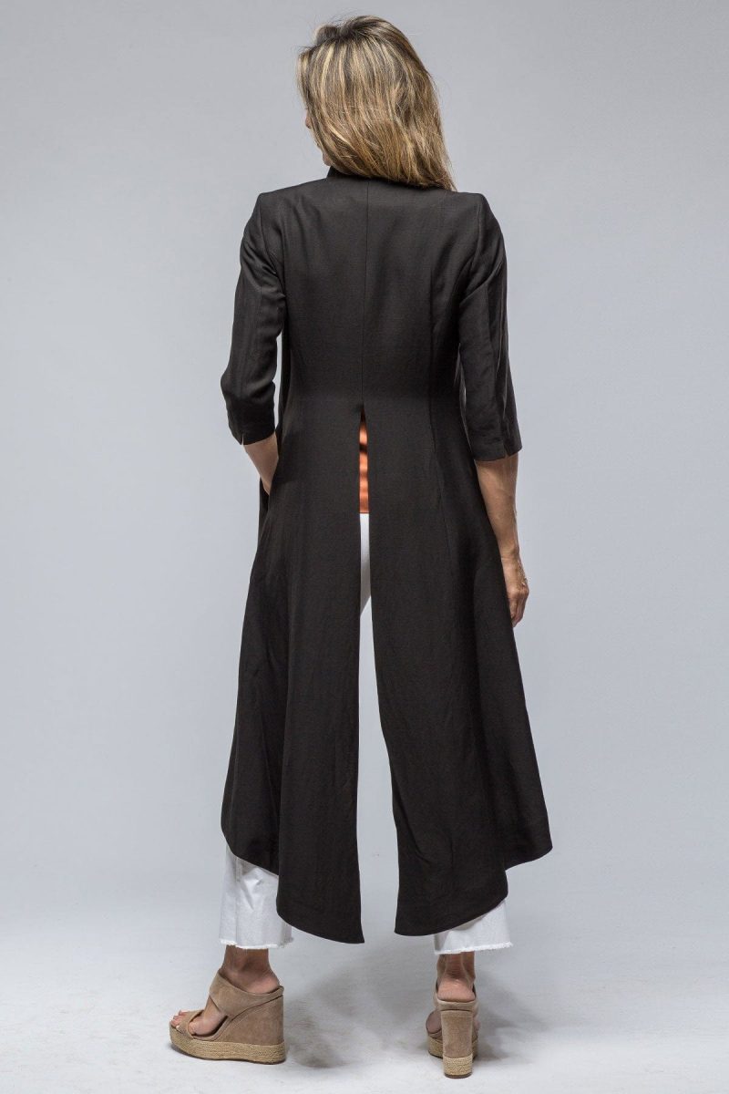 t ba morgana long coat in black black matte viscose linen ladies tailored jackets axels vail 39117064863978