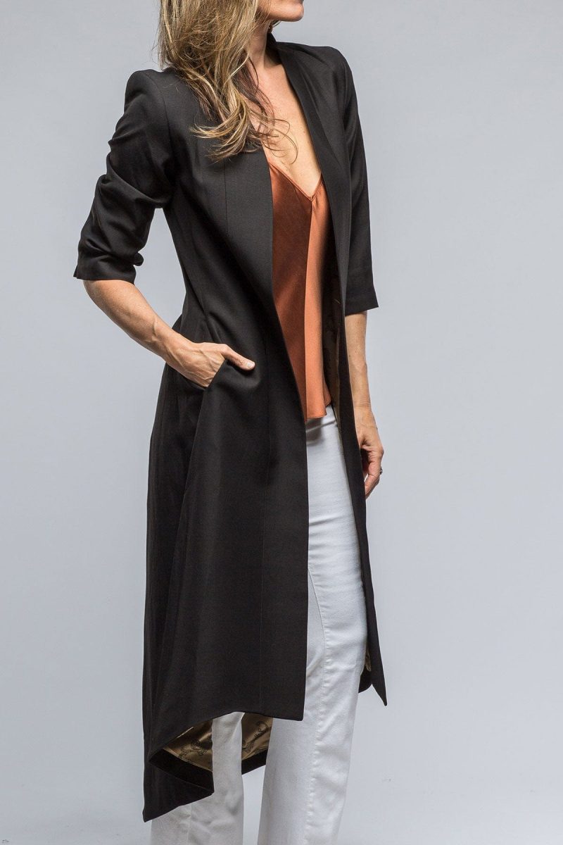 t ba morgana long coat in black black matte viscose linen ladies tailored jackets axels vail 39117064896746