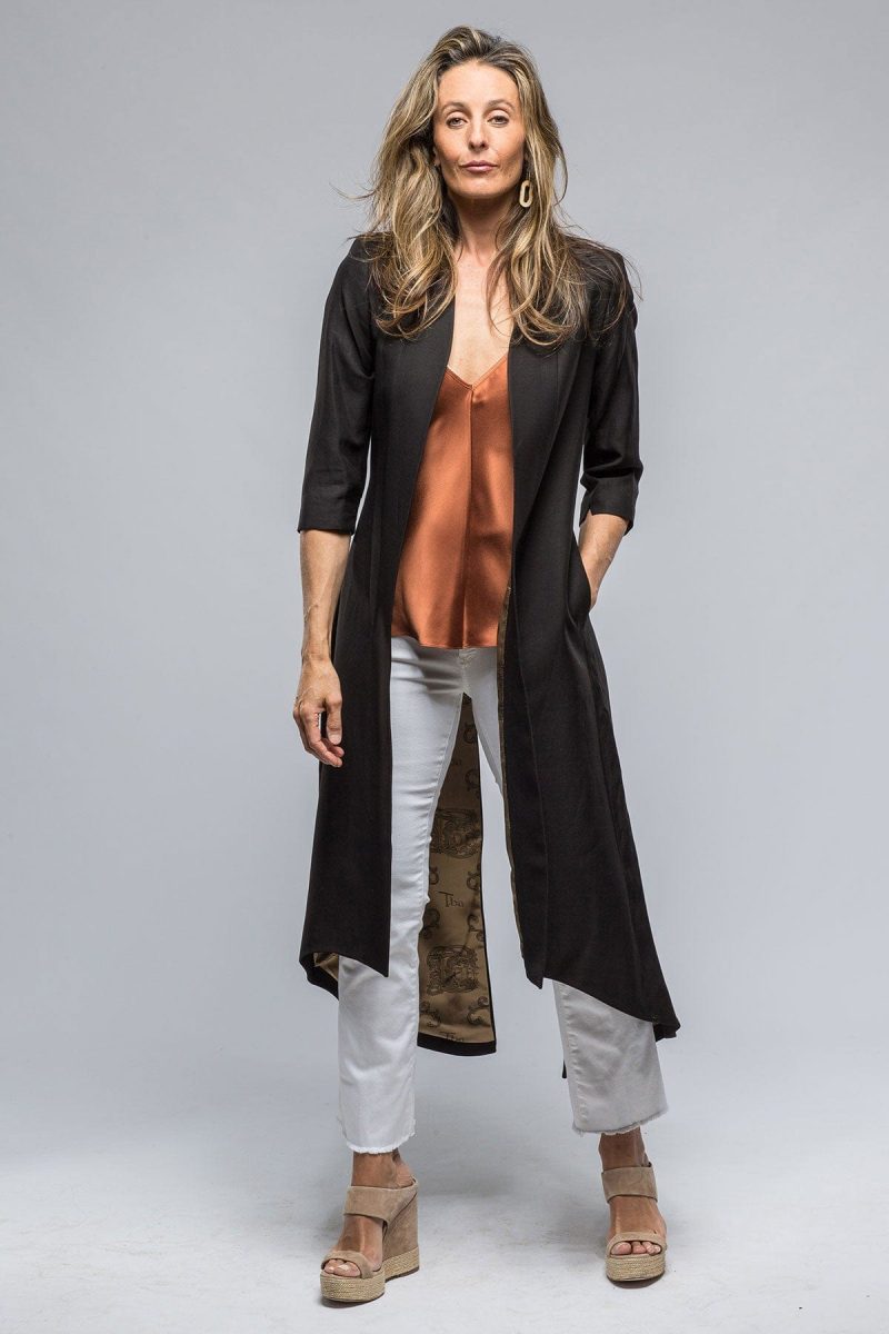 t ba morgana long coat in black black matte viscose linen ladies tailored jackets axels vail 39117064995050