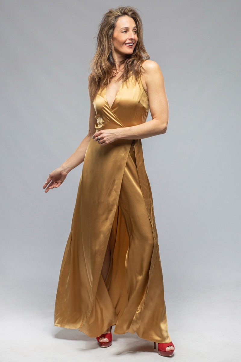 voz frontward wrap dress in gold ladies evening wear axels vail 36754582896874